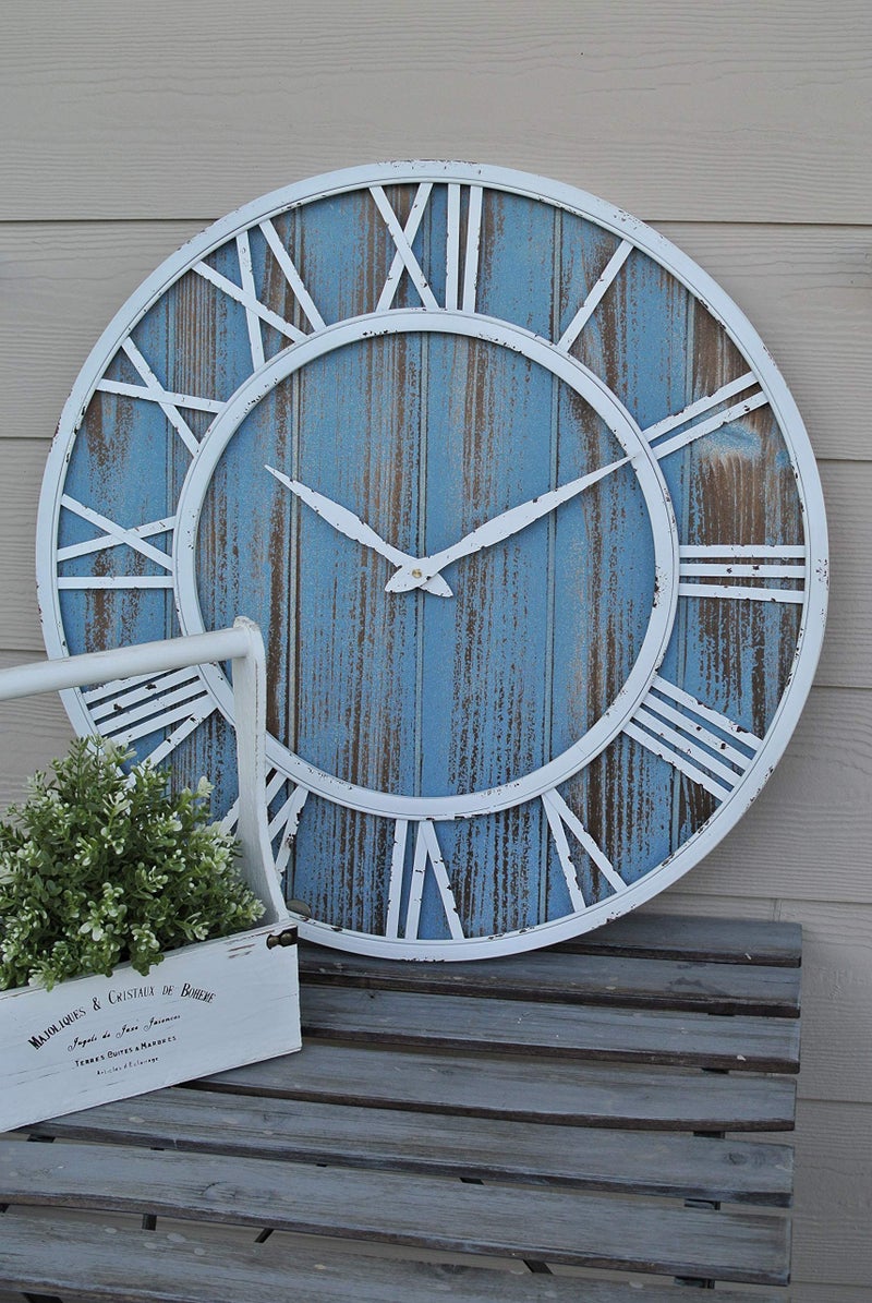 Oldtown Clocks 18" Coastal Wall Clock - Metal & Solid Wood Noiseless Weathered Beach Blue Wall Clock - Image 5